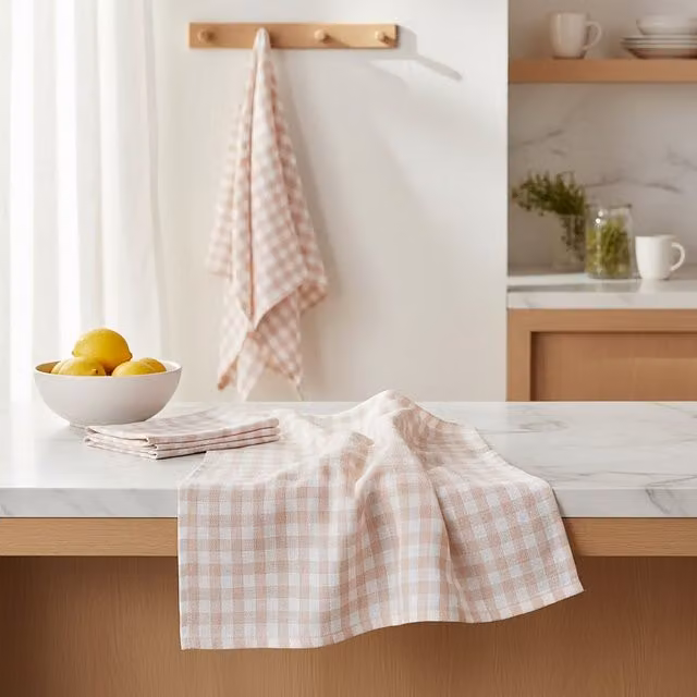 Doro Set of Three Checked Cotton Tea Towels in Amber and White