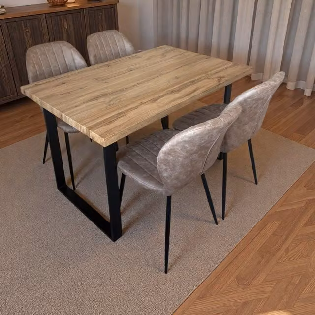 Madefor.living Colorado Rectangular Dining Table with 4 Jaydn Leather Chairs in Beige and Brown