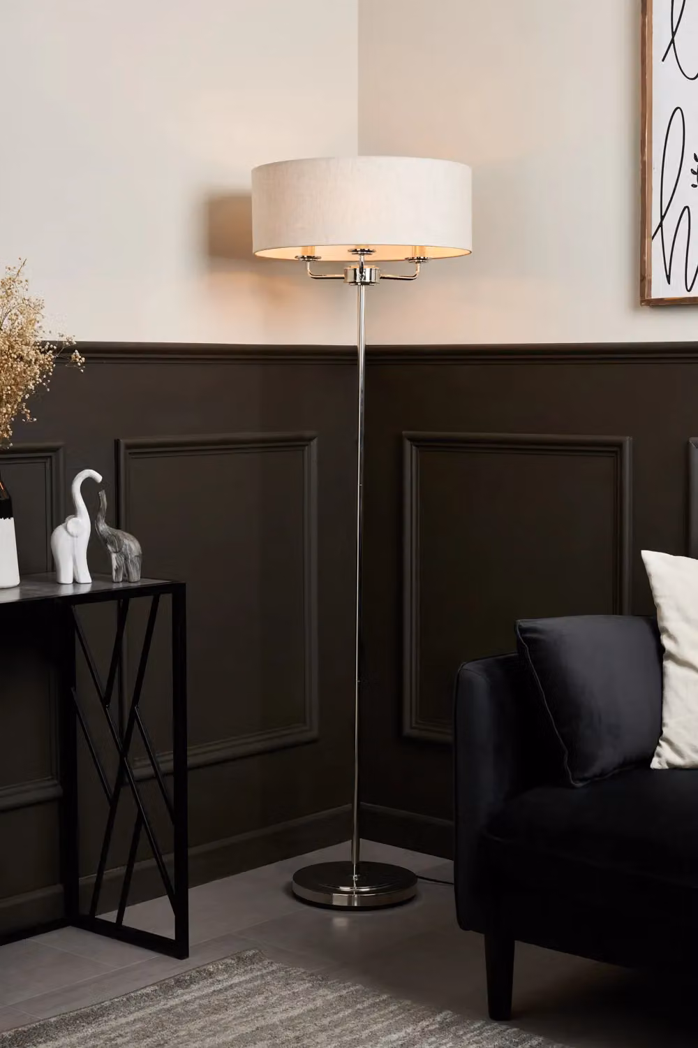 BHS Lighting Henry Modern Silver Floor Lamp with Grey Fabric Cylinder Shade – 2