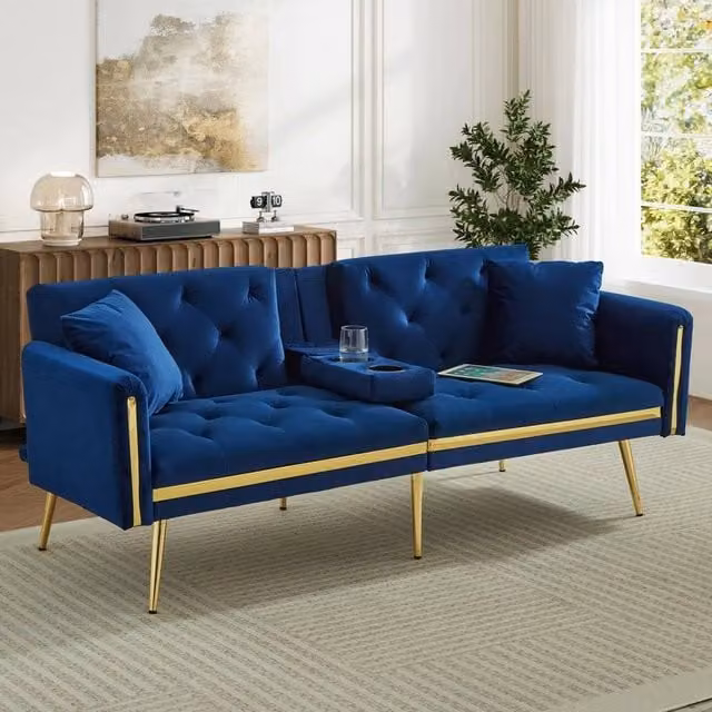 FORGEVIO Blue Velvet 2 Seater Click Clack Sofa Bed with Cup Holders