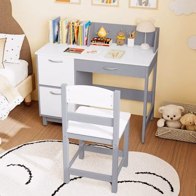 Costway Kids Wooden Study Desk and Chair Set in Grey – 1