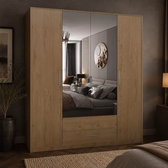 Swindon Oak 4 Door Wardrobe with Mirrors and 2 Drawers in Brown, W: 180 cm