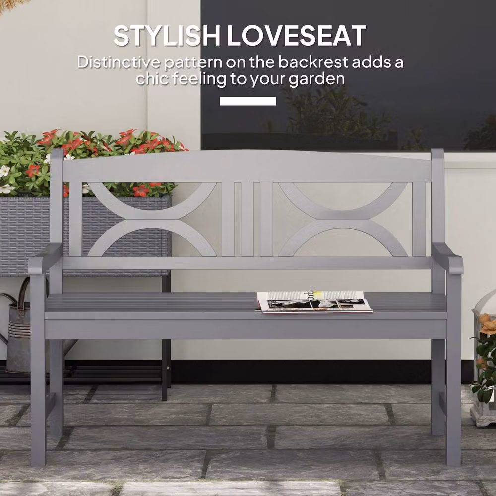 OUTSUNNY 2-Seater Grey Treated Hardwood Garden Bench with Armrests – 4