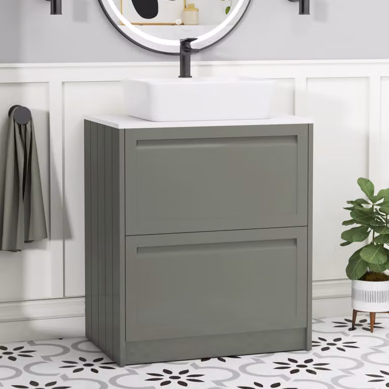 Royal Bathrooms Elmore 700mm Matt Green Floor Standing Vanity Unit with 2 Drawers, Plain White Worktop and Cube Basin