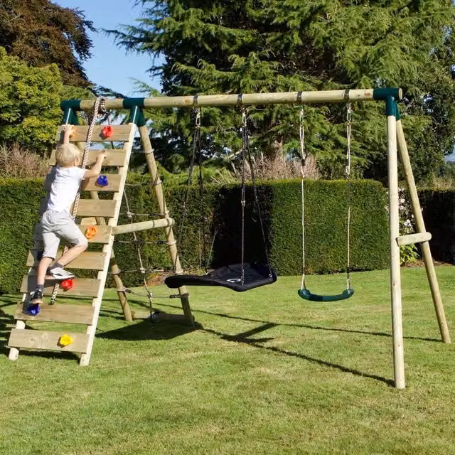 Rebo Wooden Double Swing Set with Boat Swing and Climbing Wall in Sage Green