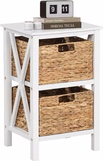 COSTWAY Rustic White Acacia and Rubberwood Narrow Nightstand and Sofa Side Table