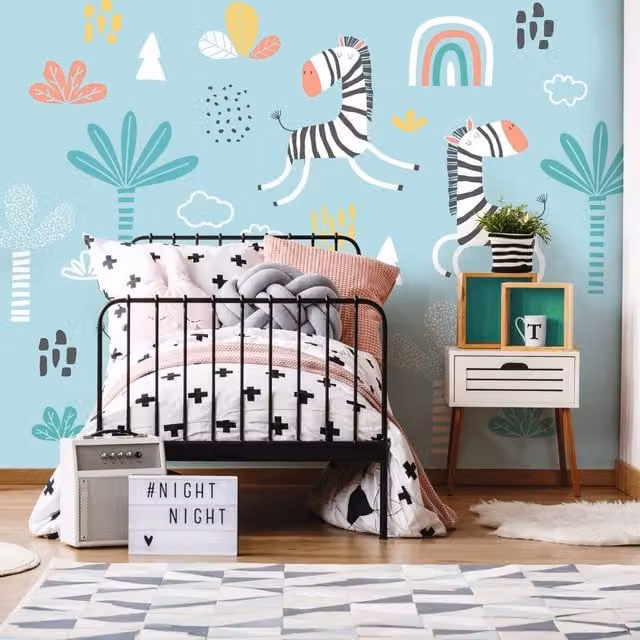 Origin Murals Dancing Zebras Animal Print Wall Mural in Blue