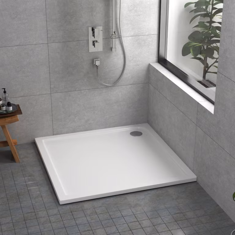 Apex Square Mineral Cast Stone Shower Tray, White, W/D/H: 90 x 90 x 3 cm