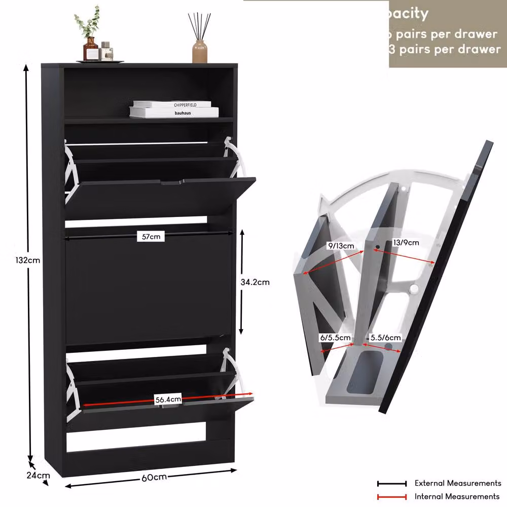 HD Designs Modern Black Matt Freestanding Shoe Cabinet with Tilting Compartments and Open Shelving – 2
