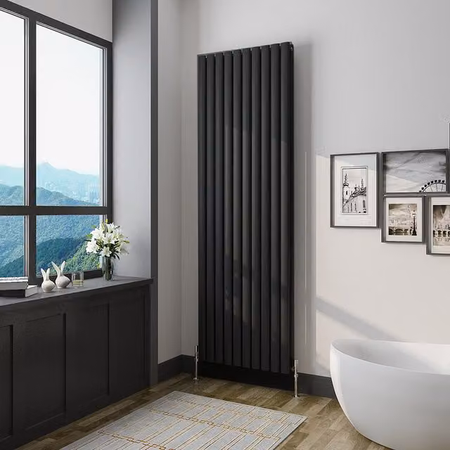 AicaBathroom Vertical Oval Column Double Radiator in Black, H 180 cm x W 59 cm x D 59 cm