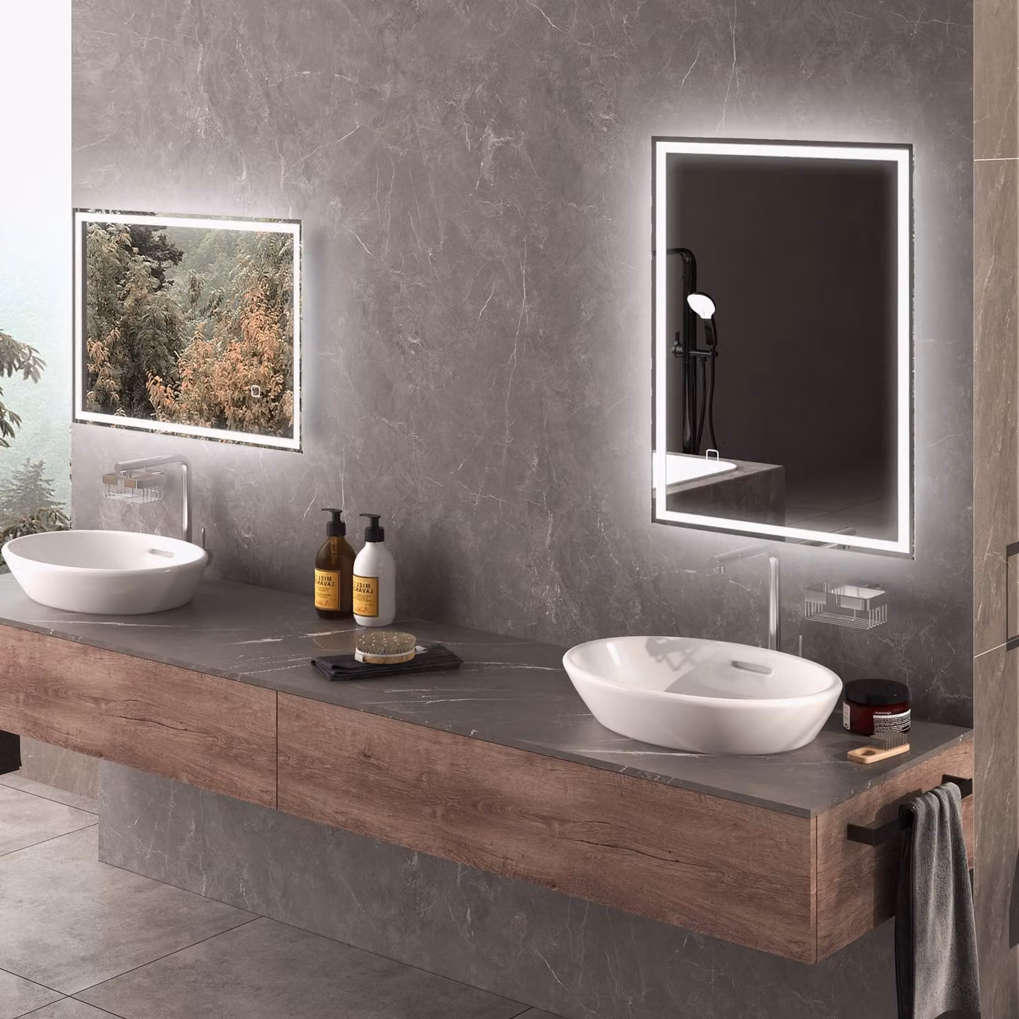 HOMCOM LED Bathroom Mirror with Dimmable Lights, 3 Colour Smart Touch Anti-Fog Vanity Mirror, W: 70 cm, H: 70 cm, White/Silver – 6