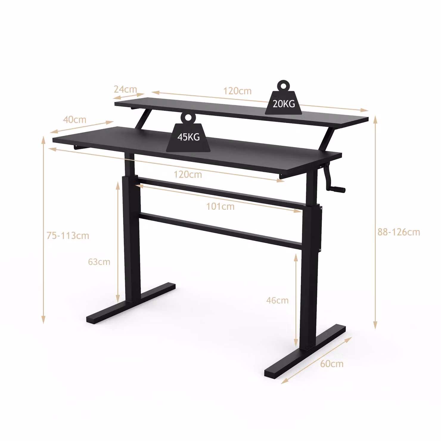 Costway 2-Tier Ergonomic Sit to Stand Computer Desk with Manual Crank, Height Adjustable Workstation in Black – 2