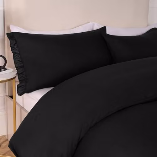 OHS Black Microfibre Double Duvet Cover and Pillowcase Set, W/D/H: 200 x 200 cm with 2 Pillowcases 50 x 75 cm