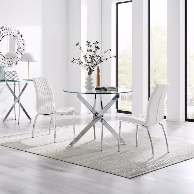 FurnitureboxUK Novara Round Glass Dining Table and 2 Isco Chairs in White