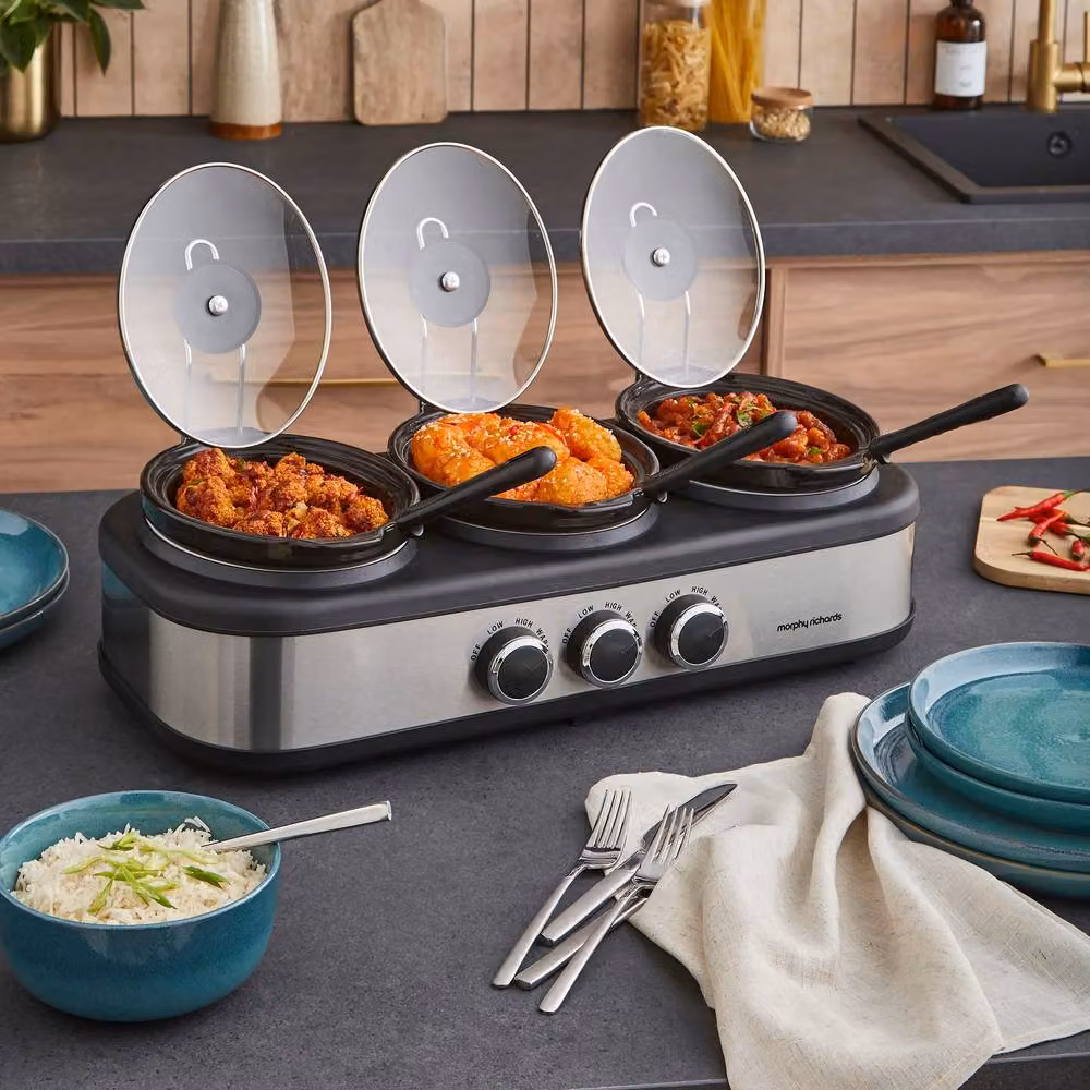 Morphy Richards TrioServe Three Pot Slow Cooker in Silver, 3.9L – 2