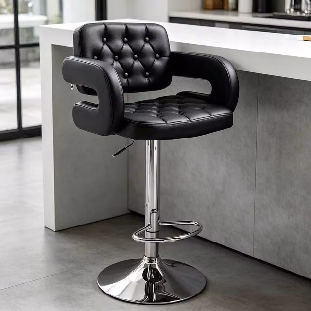 ERGOVEXA Luxe PU Leather Swivel Bar Stool with Armrests in Black – 1