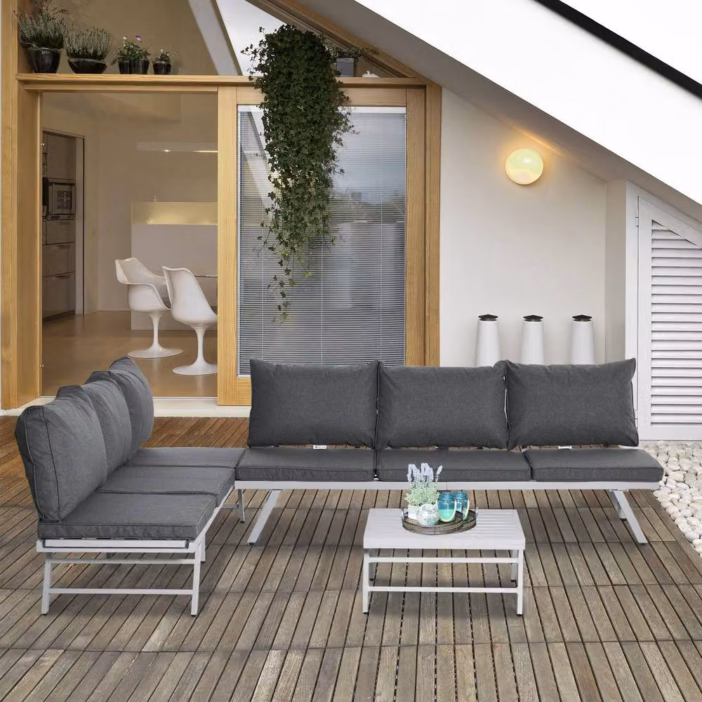 ERGOVEXA 6 Seater Grey L-Shape Garden Furniture Set with Upholstered Cushions and Powder Coated Steel Frame – 4