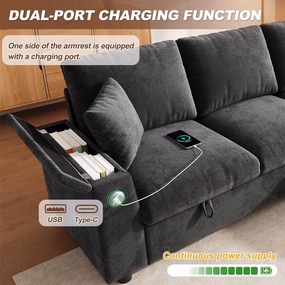 Merax Reversible L-Shape Corner Sofa Bed in Grey with Storage, USB Charging and Cup Holder – 5