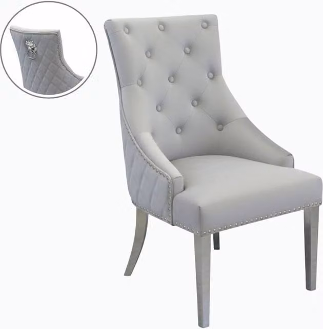 Stratus Interiors Bentley Velvet Lion Knocker Dining Chair in Light Grey, W/D/H: 56 x 72 x 103 cm
