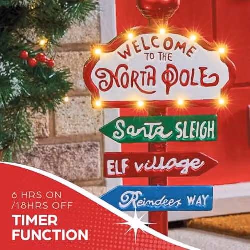 The Christmas Workshop Welcome to the North Pole LED Sign with 11 Warm White Lights, Red and White, W: 60 cm, H: 21 cm, D: 12 cm – 5