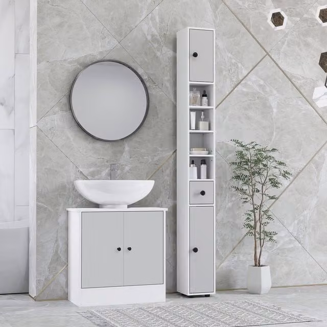 Kleankin Slim Freestanding Bathroom Cabinet in Matt Grey with Shelves and Hinged Doors, H 180 x W 20 x D 20 cm – 1