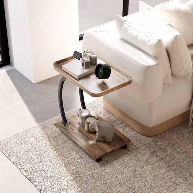 HOMCOM C Shaped Side Table with Storage and Castors, Brown