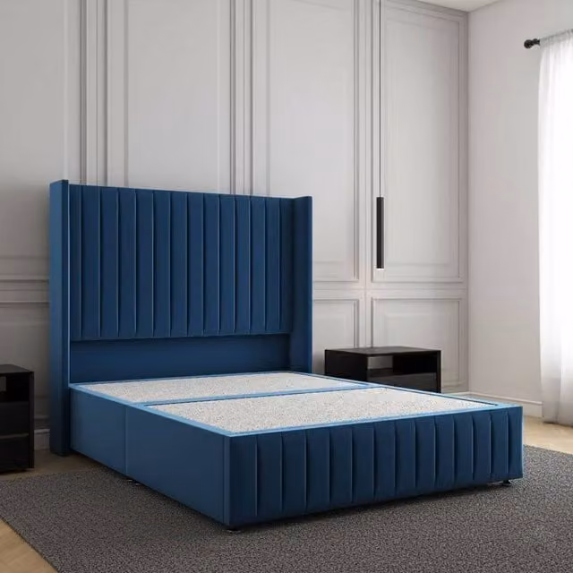 Regional Furnishings Luxury Blue Velvet Upholstered Divan Bed with 54 inch Headboard and Footboard, W/D/H: 180 x 200 cm