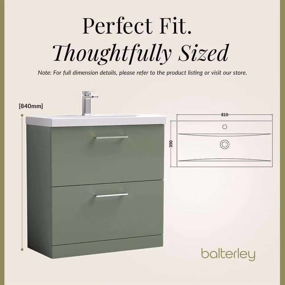 Balterley Modern Bathroom Floor Standing Vanity Unit with 2 Soft-Close Drawers and Mid-Edge Basin, Satin Green, W: 80 cm, D: 39 cm, H: 84 cm – 4