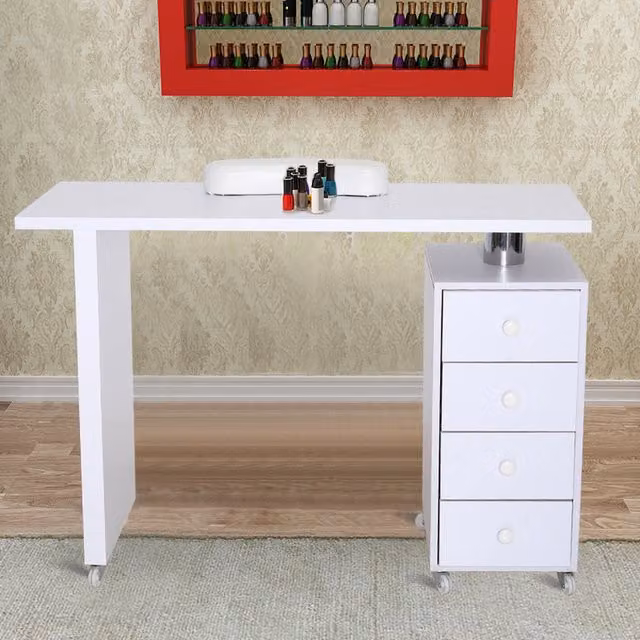 Livingandhome Modern White 4 Drawer Wooden Nail Table on Wheels for Professional Salon or Home Office Use