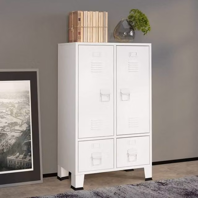 Berkfield Home Industrial Metal Wardrobe in White with Hinged Doors and Internal Drawers, W/D/H: 67 x 35 x 107 cm – 1