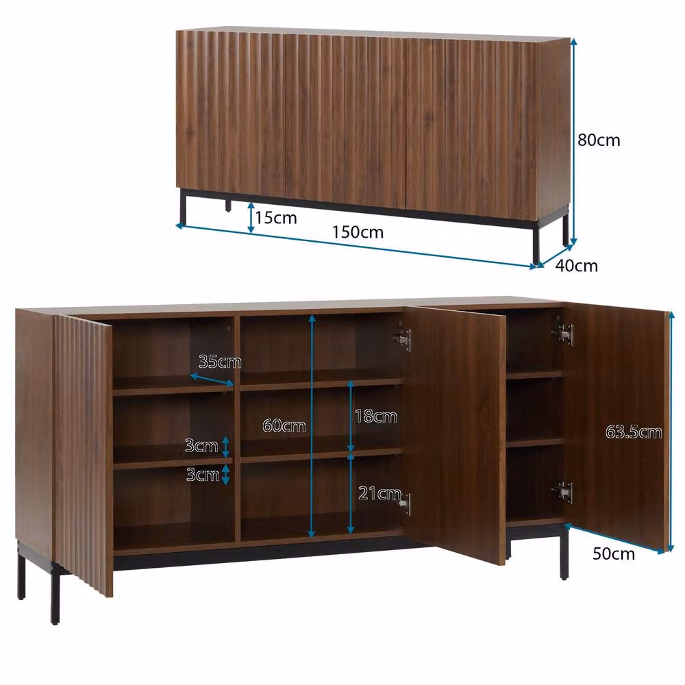 Merax Dark Oak Effect Sideboard Storage Cabinet with 3D Wave Doors in Brown, W/D/H: 150 x 40 x 80 cm – 4