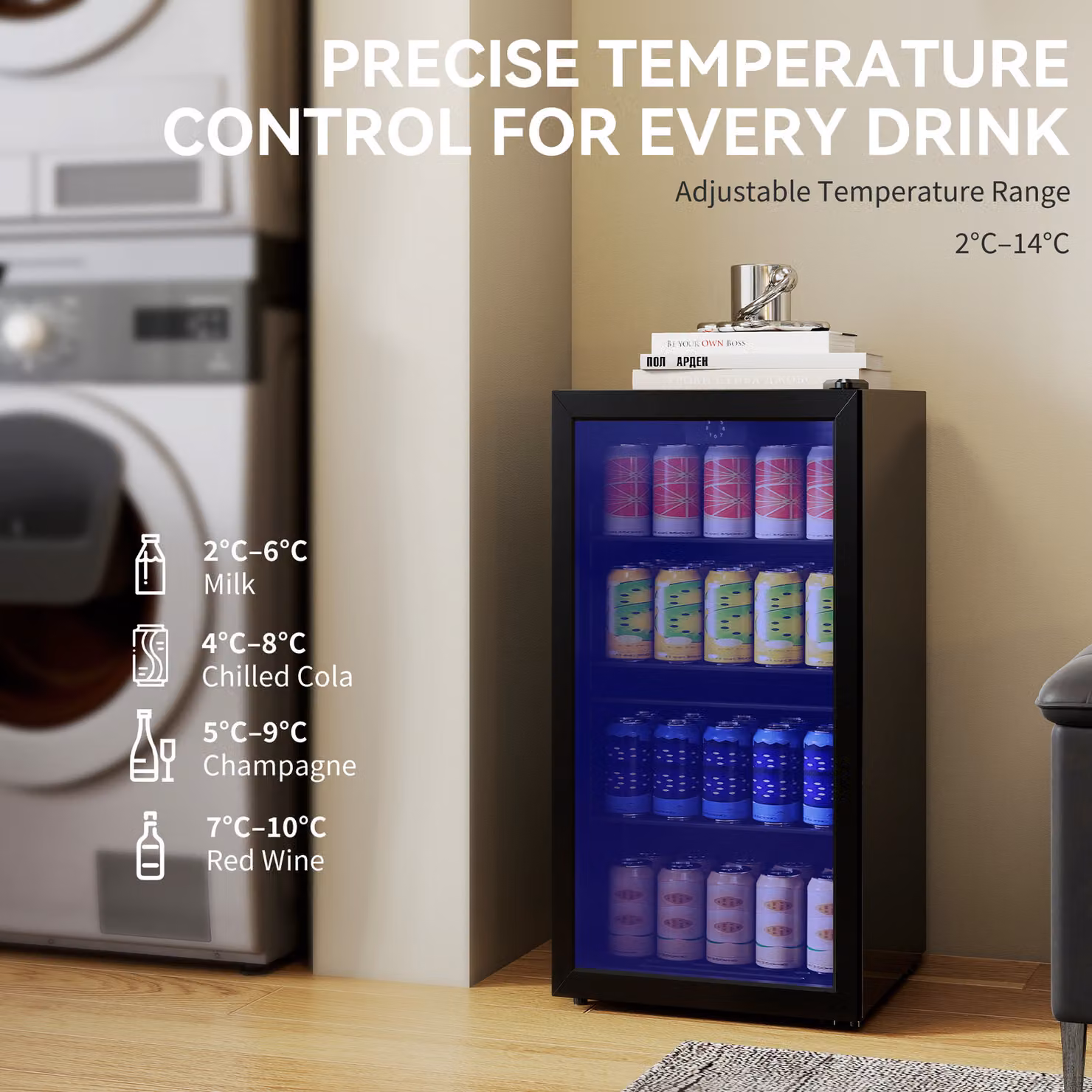 HOMCOM 93L Freestanding Drinks Fridge with Glass Door and LED Light, Black – 5