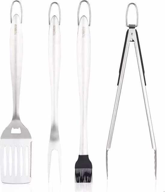 Tower 4 Piece BBQ Tool Set with Hanging Loop in Stainless Steel and Red