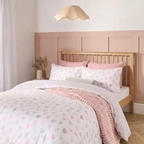 OHS Heart Print Super King Reversible Duvet Cover Set with Pillowcases, Pink and Grey Microfibre Polyester