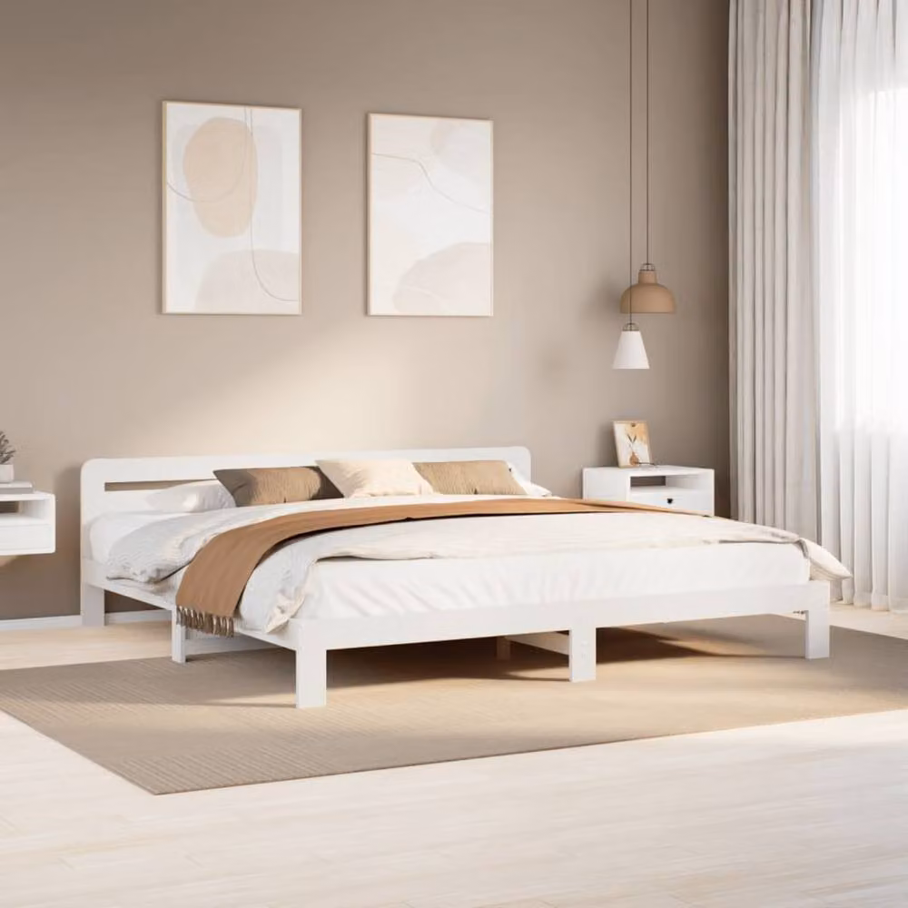 Berkfield Home White Solid Wood Pine Bed Frame W/D/H: 200 x 200 x 65.5 cm – 2