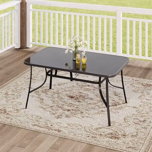 Komore Black Rectangular Tempered Glass and Metal Garden Table with Parasol Hole