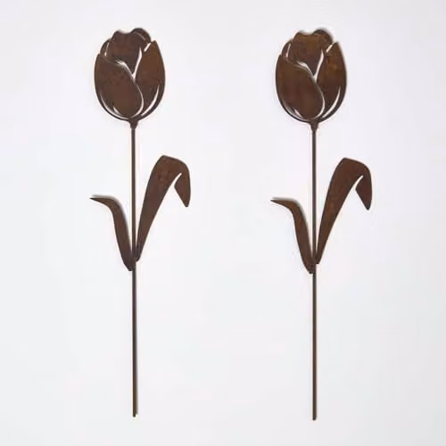 HOMESCAPES Set of 2 Rustic Brown Metal Tulip Garden Stakes, 37 cm
