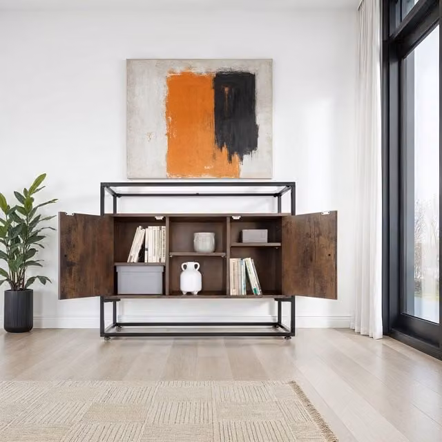 tectake Industrial Oak Sideboard with Glass Top and Open Shelves in Brown and Black