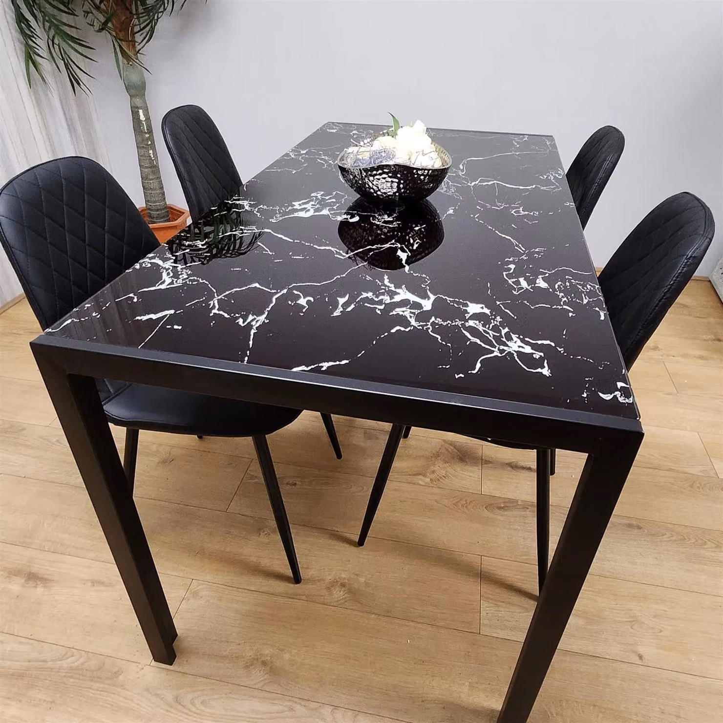 Kosy Koala Modern Rectangular Black Glass Dining Table with 4 Brown Faux Leather Chairs – 4