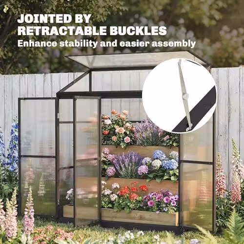 Outsunny Black Polycarbonate Lean-to Pent Greenhouse with 3 Hinged Doors and Top Vent, W/D/H: 182.88 x 45.72 x 180 cm – 9