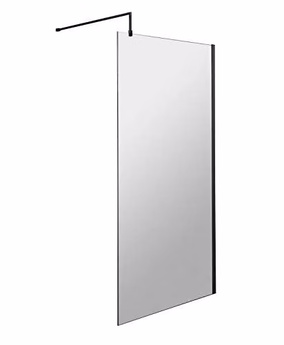 nuie WRSCBP090 Modern Bathroom Wetroom Screen with Support Bar, 8mm Toughened Safety Glass, Clear, Matt Black, W: 900 mm