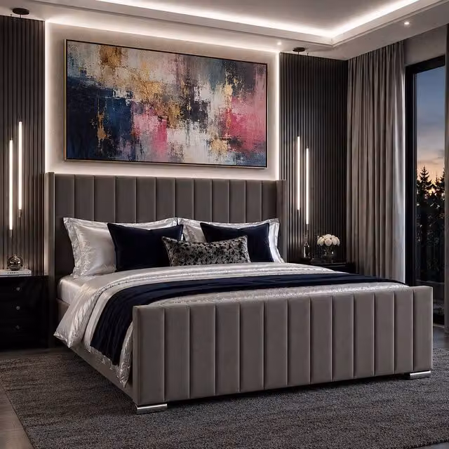 Harmin Luxury EU Double Winged Ottoman Bed in Dark Grey Plush Velvet with Lift Up Base
