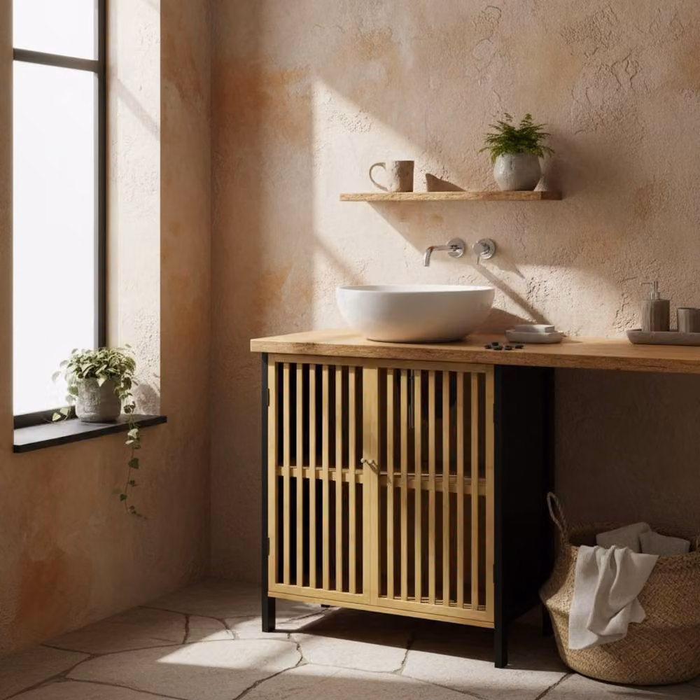 Wyld Haus Rotove Bamboo Style Under Sink Bathroom Cabinet in Black with Internal Shelves and Hinged Doors – 2