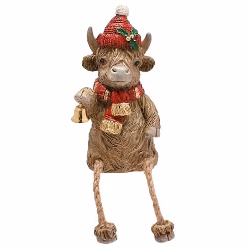 Widdop and Co Christmas Highland Cow Ornament with Gold Bell, Brown and Multicolour