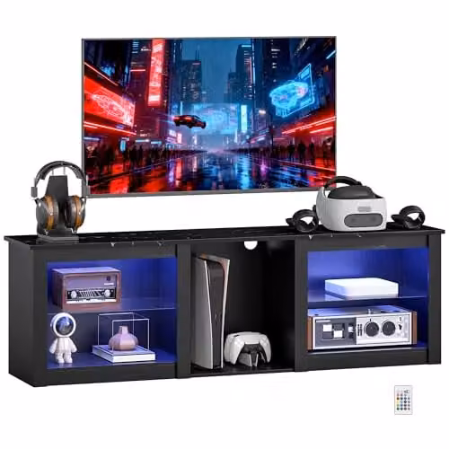 HOMCOM Modern Black TV Unit with LED Lights for Televisions up to 70 Inch, W: 160 cm, D: 35 cm, H: 51.7 cm – 1