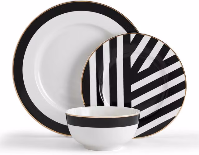 Mikasa 12-Piece Geometric Bone China Dinner Service in White, Gold and Black – 8