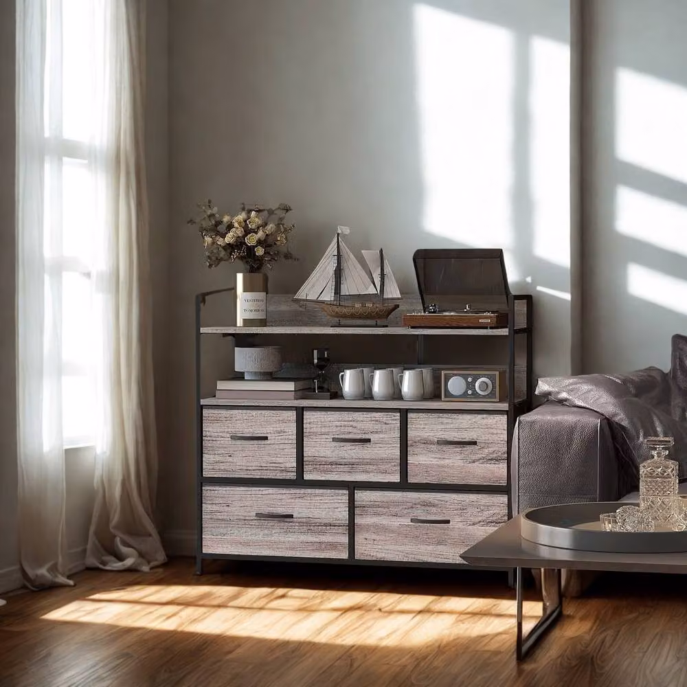 FURNOS Industrial 5 Drawer Chest Storage Unit with Shelves in Grey and Black Metal – 4