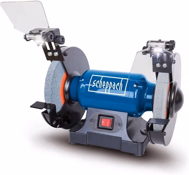Scheppach SM200L Bench Grinder, 500W with Twin 200mm Wheels and LED Work Lights, Blue
