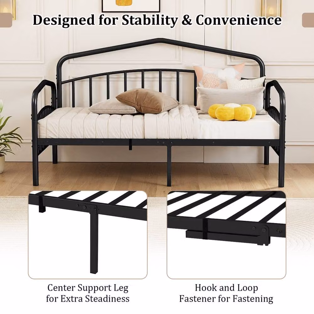 Costway Single Metal Daybed with Rolling Pull Out Trundle in Black, W/D/H: 90 x 200 cm – 6
