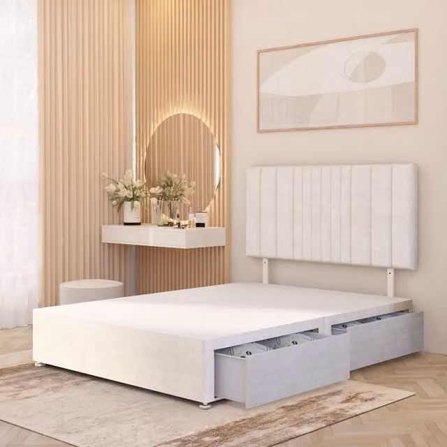 Somnior Beds Ltd Arizona Plush Velvet Divan Bed Base with Drawers and 32 inch Headboard, Ivory, W/D/H: 120 x 200 cm